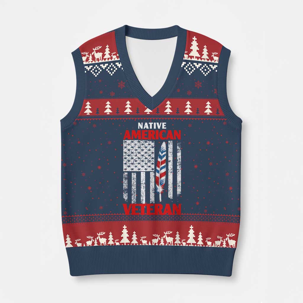 Native American Veteran USA Flag Patriotic Soldier V-Neck Knit Sweater Vest