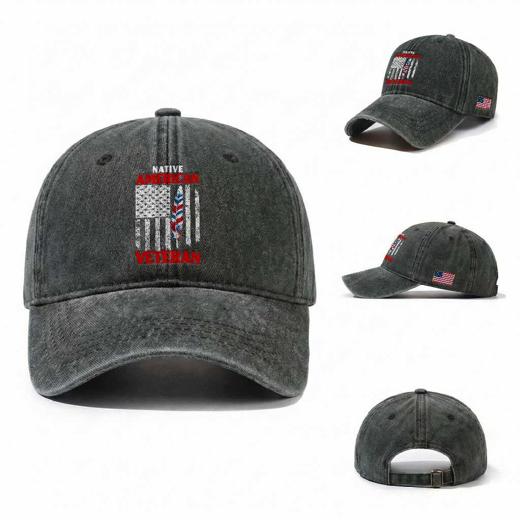 Native American Veteran USA Flag Patriotic Soldier Washed Cotton Baseball Cap