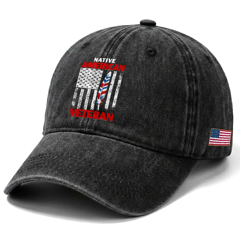 Native American Veteran USA Flag Patriotic Soldier Washed Cotton Baseball Cap