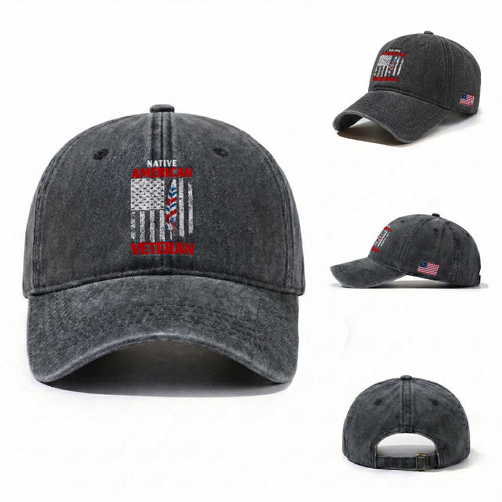 Native American Veteran USA Flag Patriotic Soldier Washed Cotton Baseball Cap