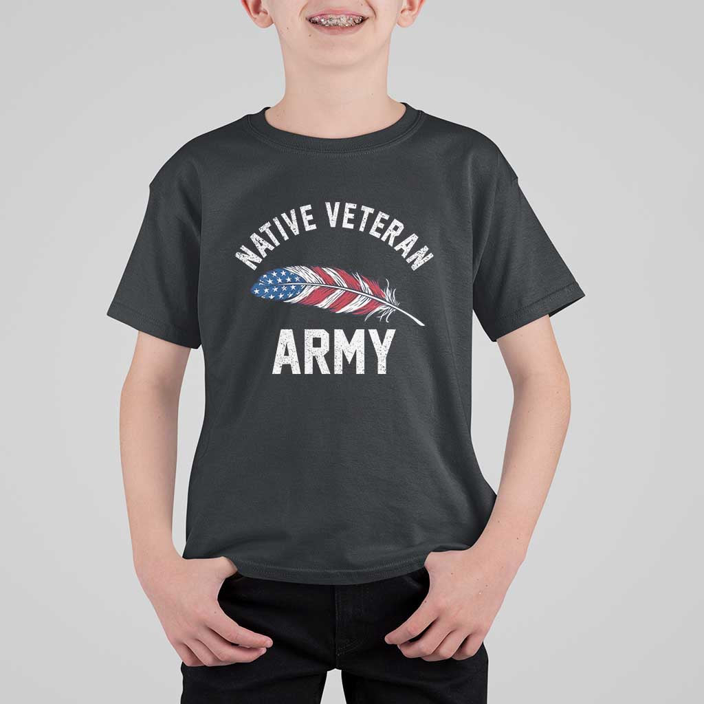 Native American Army Veteran US Flag Indigenous Soldier T Shirt For Kid