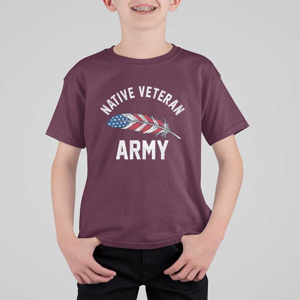 Native American Army Veteran US Flag Indigenous Soldier T Shirt For Kid