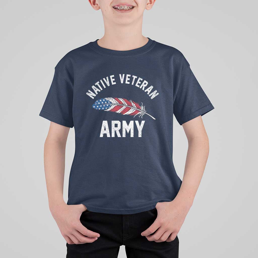 Native American Army Veteran US Flag Indigenous Soldier T Shirt For Kid