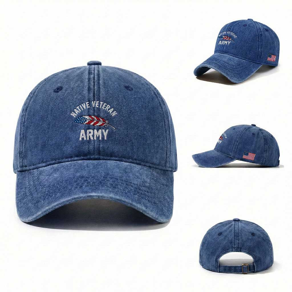 Native American Army Veteran US Flag Indigenous Soldier Washed Cotton Baseball Cap