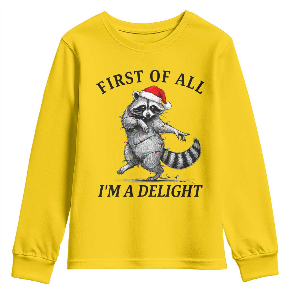 First Of All I Am A Delight Youth Sweatshirt Funny Christmas Raccoon - Wonder Print Shop