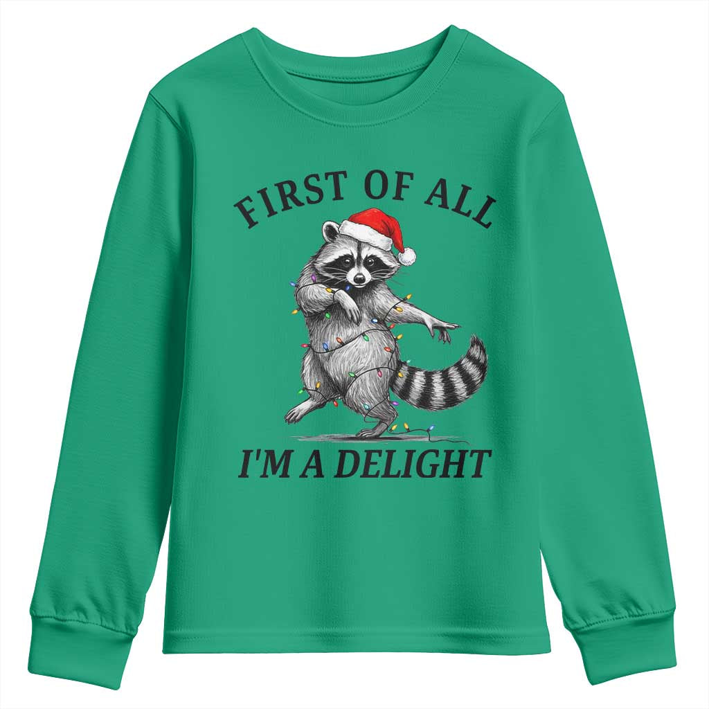 First Of All I Am A Delight Youth Sweatshirt Funny Christmas Raccoon - Wonder Print Shop