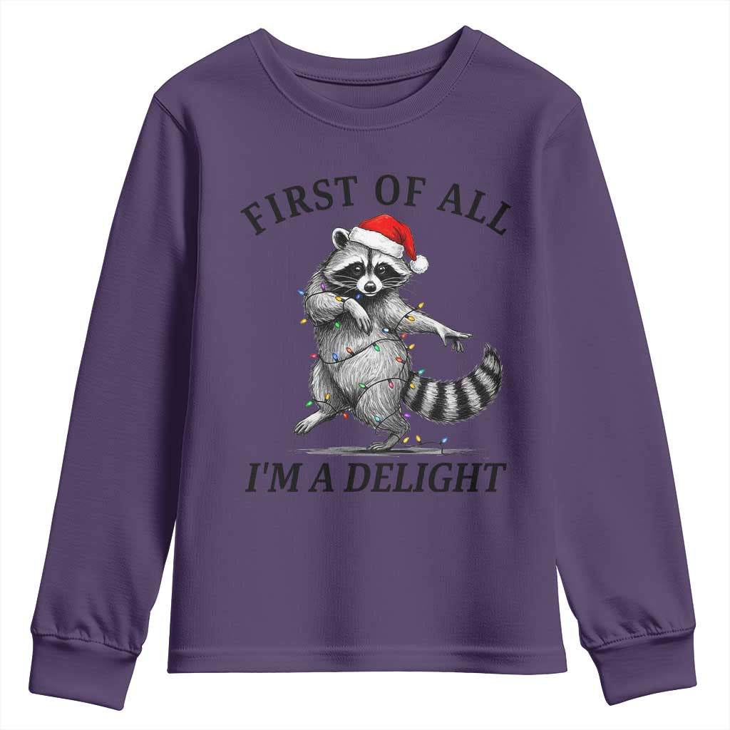 First Of All I Am A Delight Youth Sweatshirt Funny Christmas Raccoon - Wonder Print Shop