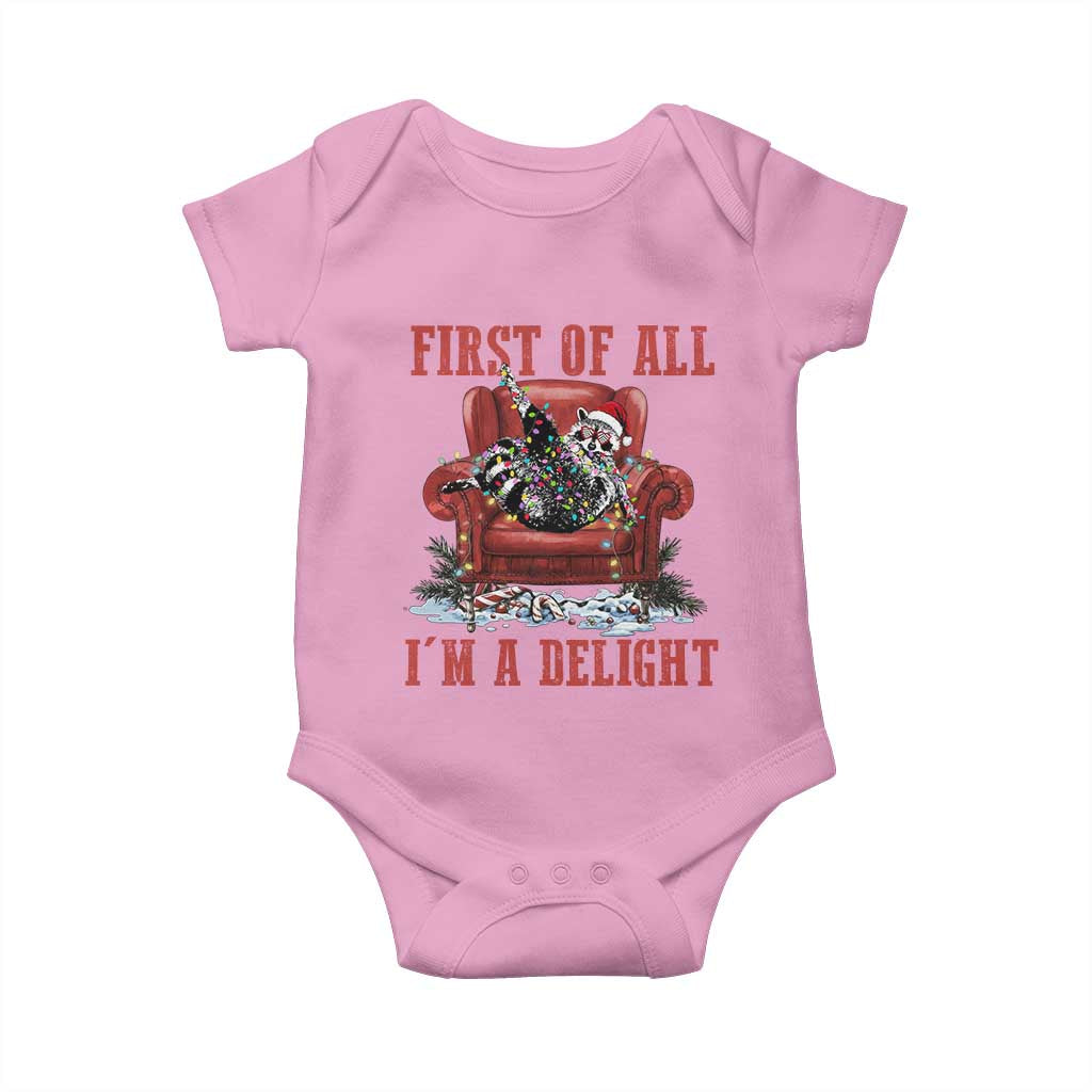 First Of All I Am A Delight Baby Onesie Funny Raccoon Christmas Meme - Wonder Print Shop