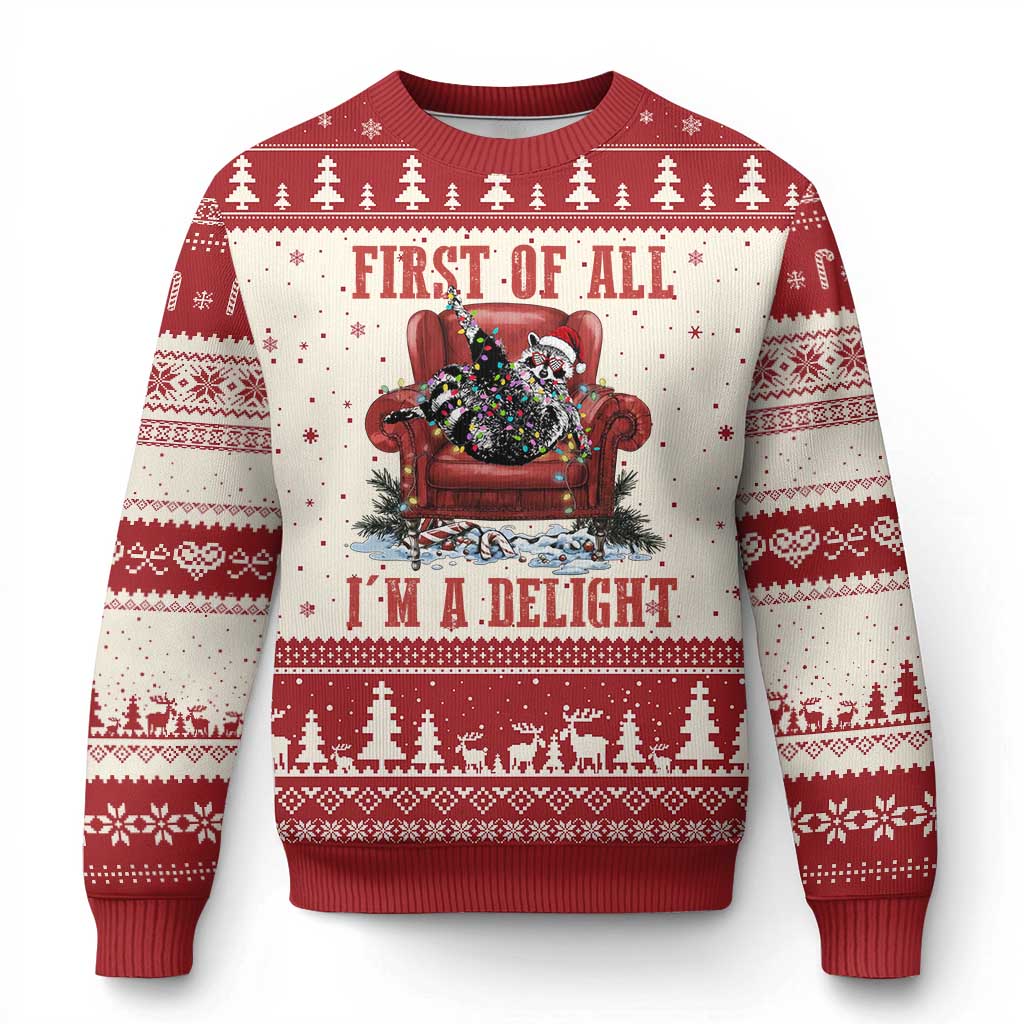First Of All I Am A Delight Ugly Christmas Sweater Funny Raccoon Christmas Meme - Wonder Print Shop