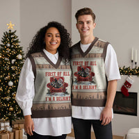 First Of All I Am A Delight V-Neck Knit Sweater Vest Funny Raccoon Christmas Meme - Wonder Print Shop