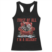 First Of All I Am A Delight Racerback Tank Top Funny Raccoon Christmas Meme - Wonder Print Shop