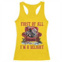 First Of All I Am A Delight Racerback Tank Top Funny Raccoon Christmas Meme - Wonder Print Shop