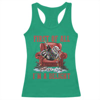 First Of All I Am A Delight Racerback Tank Top Funny Raccoon Christmas Meme - Wonder Print Shop