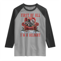 First Of All I Am A Delight Raglan Shirt Funny Raccoon Christmas Meme - Wonder Print Shop