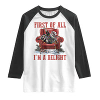 First Of All I Am A Delight Raglan Shirt Funny Raccoon Christmas Meme - Wonder Print Shop