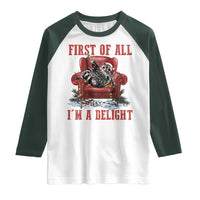 First Of All I Am A Delight Raglan Shirt Funny Raccoon Christmas Meme - Wonder Print Shop