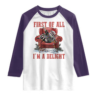 First Of All I Am A Delight Raglan Shirt Funny Raccoon Christmas Meme - Wonder Print Shop