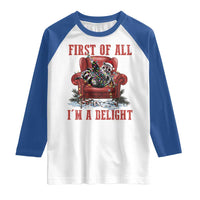 First Of All I Am A Delight Raglan Shirt Funny Raccoon Christmas Meme - Wonder Print Shop