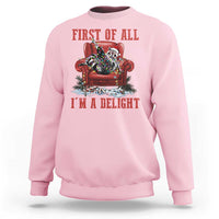 First Of All I Am A Delight Sweatshirt Funny Raccoon Christmas Meme - Wonder Print Shop