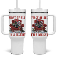 First Of All I Am A Delight Tumbler With Handle Funny Raccoon Christmas Meme - Wonder Print Shop