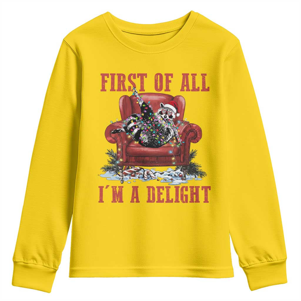 First Of All I Am A Delight Youth Sweatshirt Funny Raccoon Christmas Meme - Wonder Print Shop