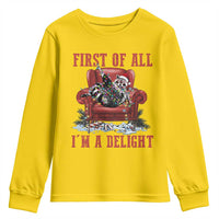 First Of All I Am A Delight Youth Sweatshirt Funny Raccoon Christmas Meme - Wonder Print Shop