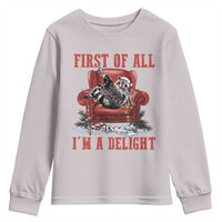First Of All I Am A Delight Youth Sweatshirt Funny Raccoon Christmas Meme - Wonder Print Shop