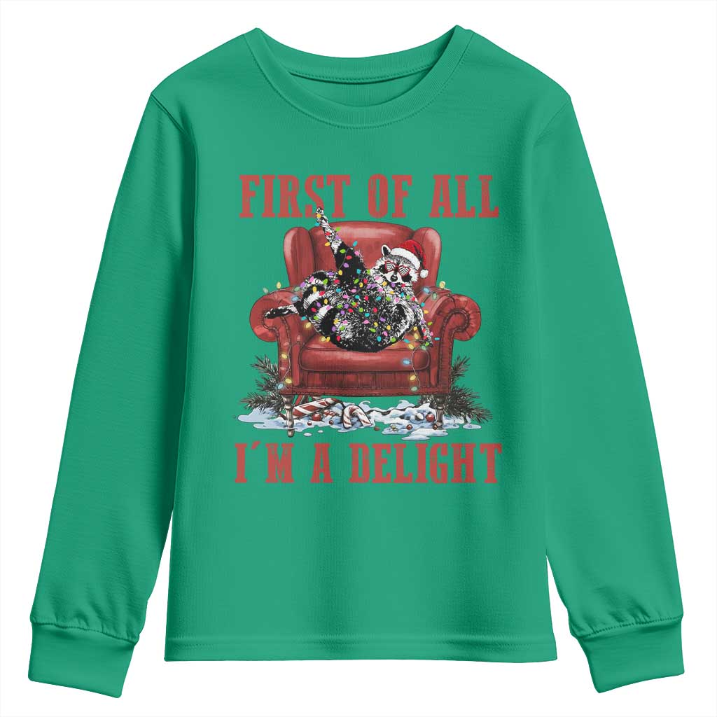 First Of All I Am A Delight Youth Sweatshirt Funny Raccoon Christmas Meme - Wonder Print Shop