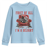 First Of All I Am A Delight Youth Sweatshirt Funny Raccoon Christmas Meme - Wonder Print Shop