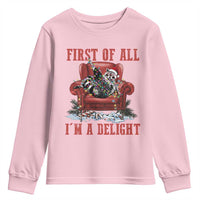 First Of All I Am A Delight Youth Sweatshirt Funny Raccoon Christmas Meme - Wonder Print Shop