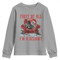 First Of All I Am A Delight Youth Sweatshirt Funny Raccoon Christmas Meme - Wonder Print Shop