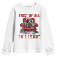 First Of All I Am A Delight Youth Sweatshirt Funny Raccoon Christmas Meme - Wonder Print Shop