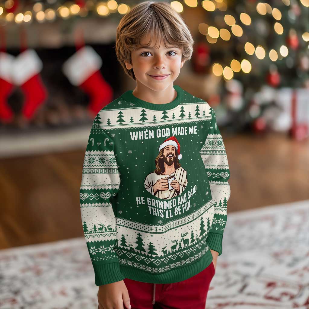 Funny Jesus Christian Christmas Ugly Christmas Sweater When God Made Me He Grinned And Said This Will Be Fun - Wonder Print Shop