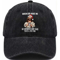 Funny Jesus Christian Christmas Washed Cotton Baseball Cap When God Made Me He Grinned And Said This Will Be Fun