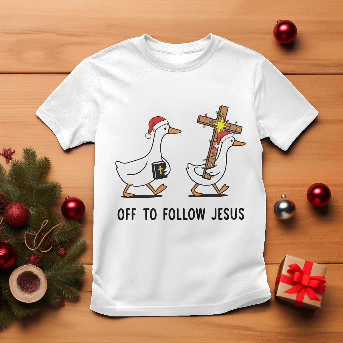 Christian Christmas Goose T Shirt Off To Follow Jesus - Wonder Print Shop