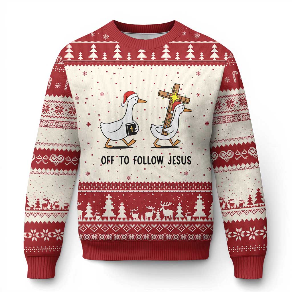 Christian Xmas Goose Ugly Christmas Sweater Off To Follow Jesus - Wonder Print Shop