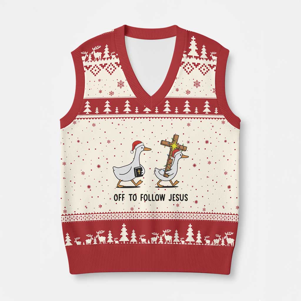 Christian Xmas Goose V-Neck Knit Sweater Vest Off To Follow Jesus - Wonder Print Shop