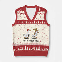 Christian Xmas Goose V-Neck Knit Sweater Vest Off To Follow Jesus - Wonder Print Shop