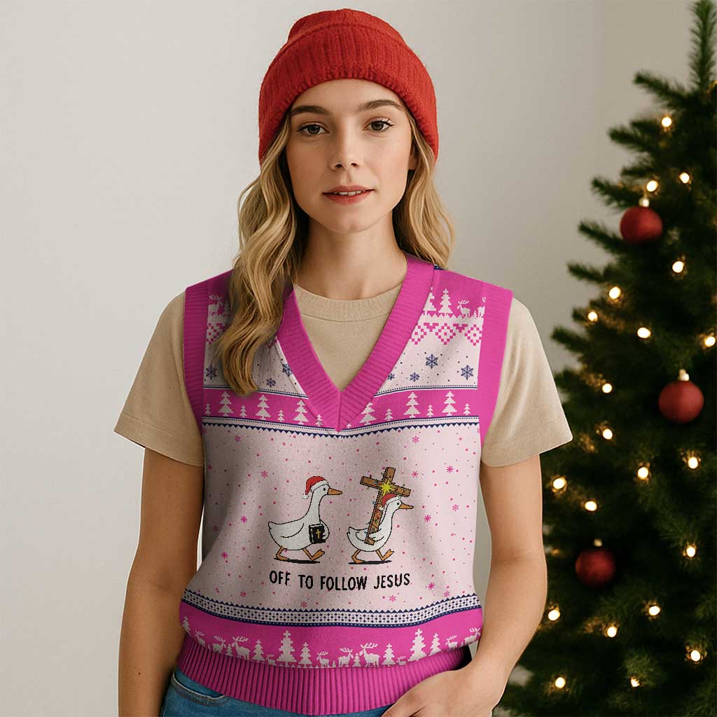 Christian Xmas Goose V-Neck Knit Sweater Vest Off To Follow Jesus - Wonder Print Shop