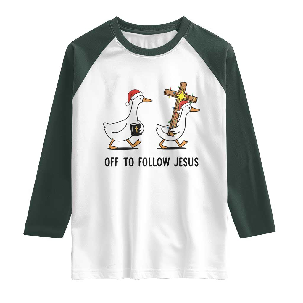 Christian Christmas Goose Raglan Shirt Off To Follow Jesus - Wonder Print Shop
