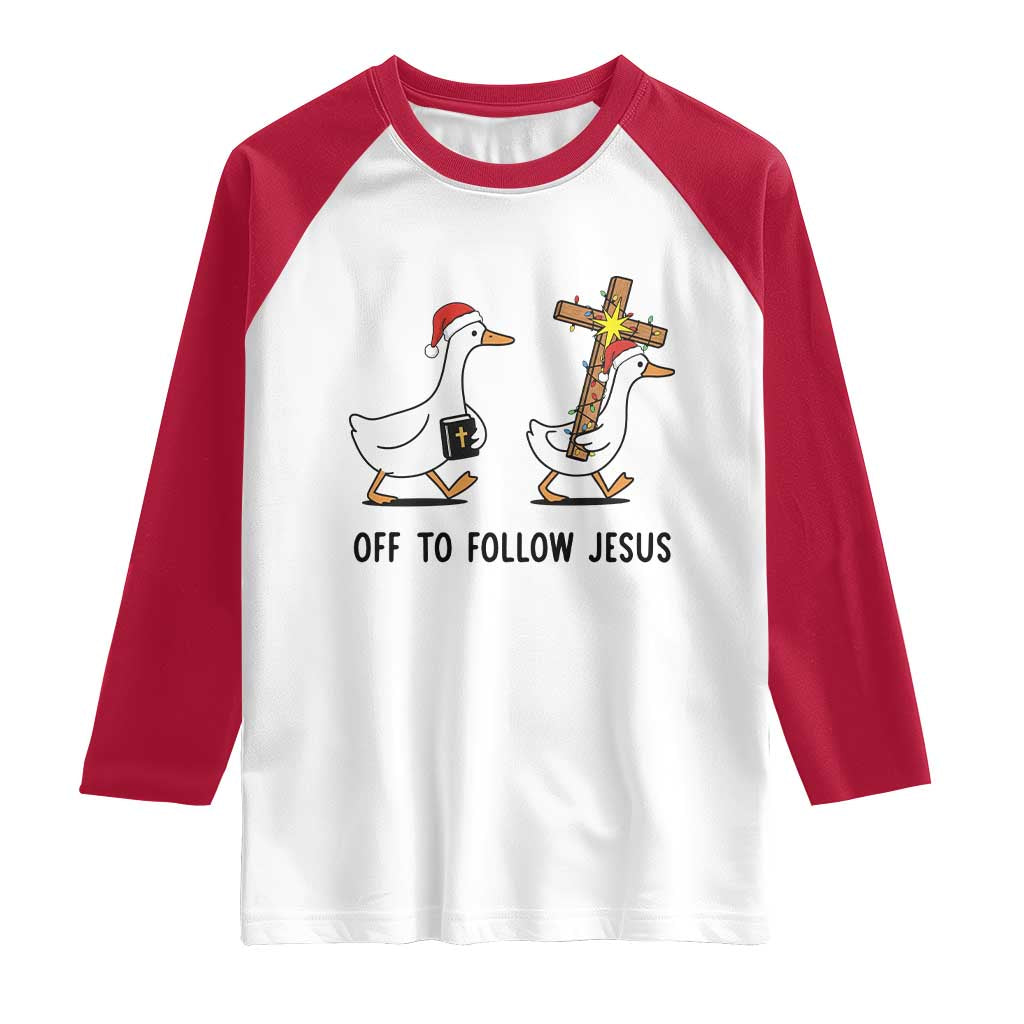 Christian Christmas Goose Raglan Shirt Off To Follow Jesus - Wonder Print Shop