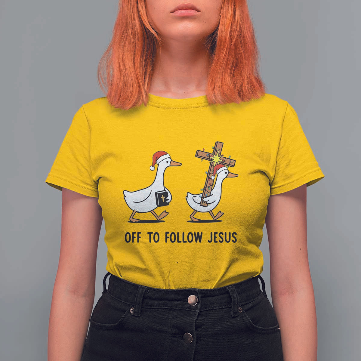 Christian Christmas Goose T Shirt For Women Off To Follow Jesus - Wonder Print Shop
