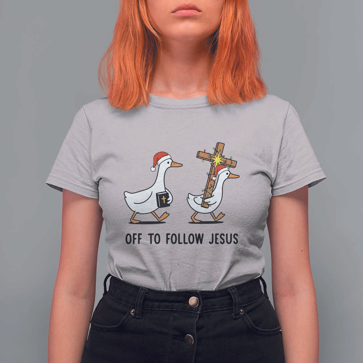 Christian Christmas Goose T Shirt For Women Off To Follow Jesus - Wonder Print Shop