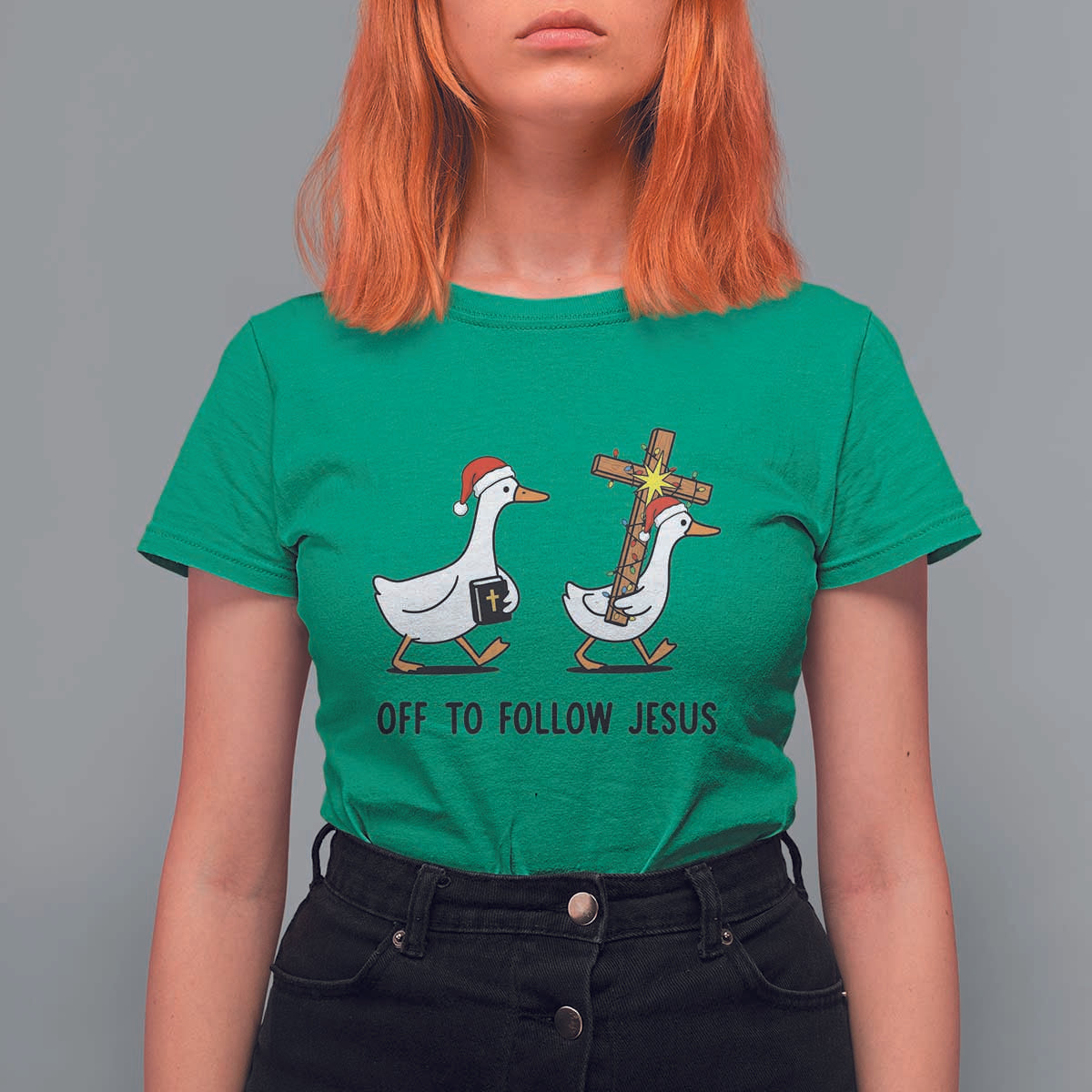 Christian Christmas Goose T Shirt For Women Off To Follow Jesus - Wonder Print Shop