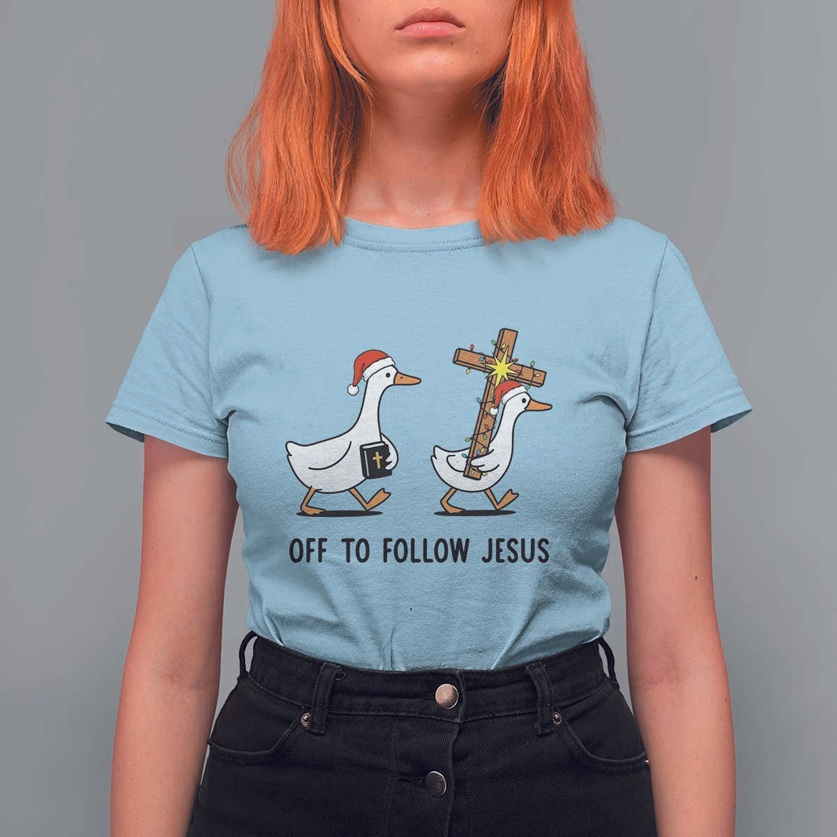 Christian Christmas Goose T Shirt For Women Off To Follow Jesus - Wonder Print Shop