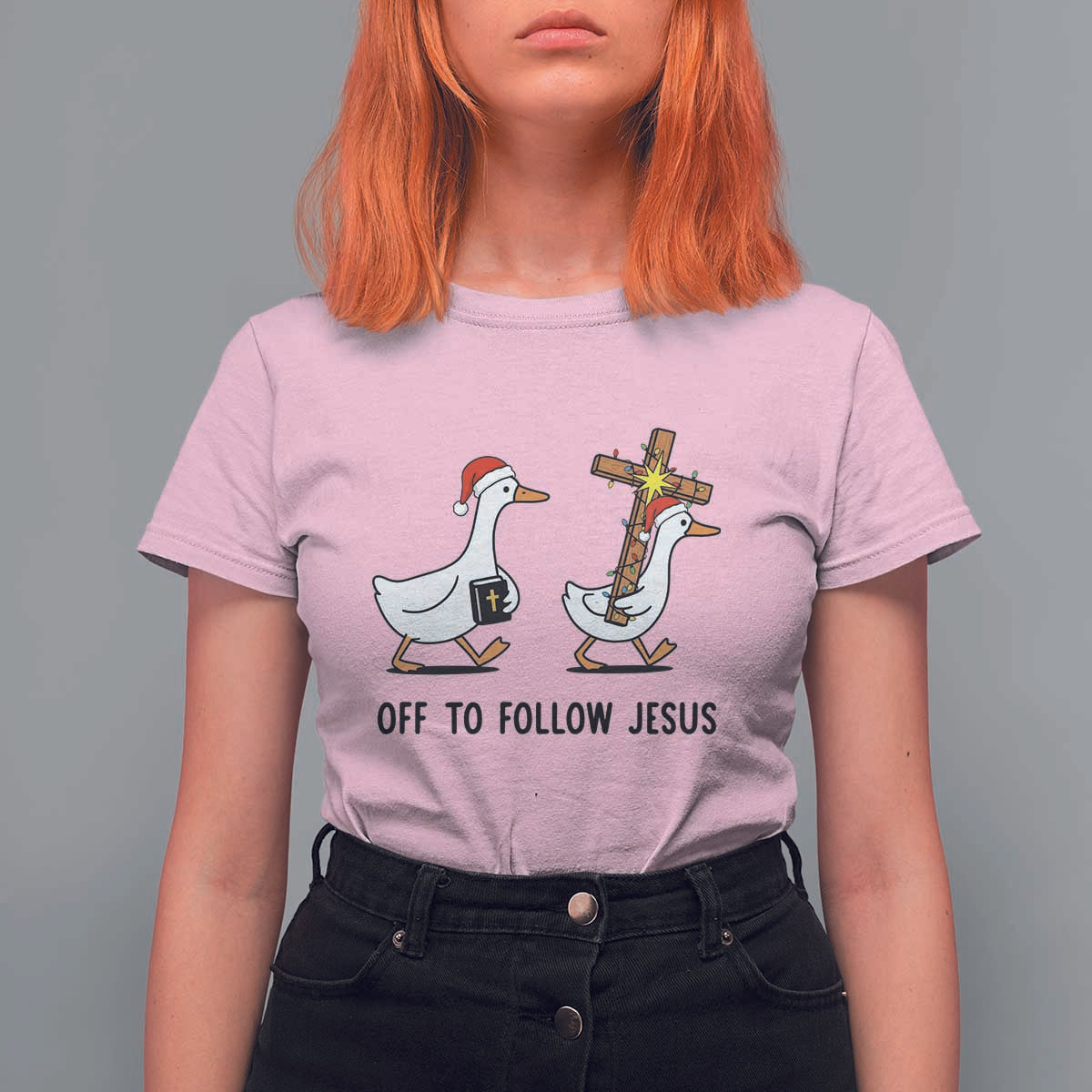 Christian Christmas Goose T Shirt For Women Off To Follow Jesus - Wonder Print Shop