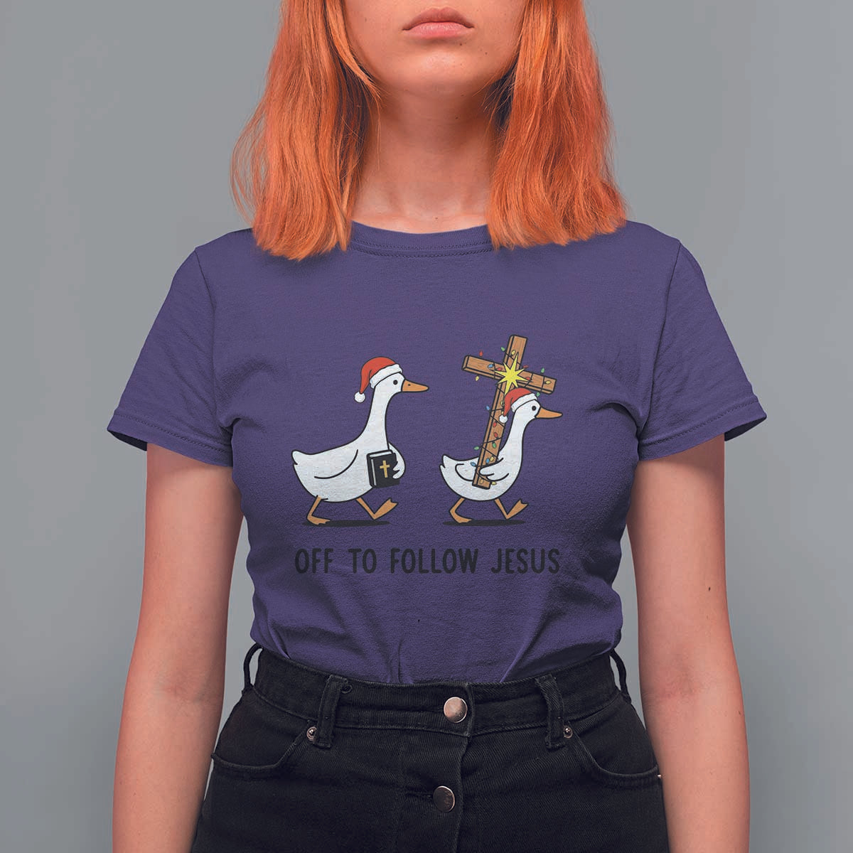 Christian Christmas Goose T Shirt For Women Off To Follow Jesus - Wonder Print Shop