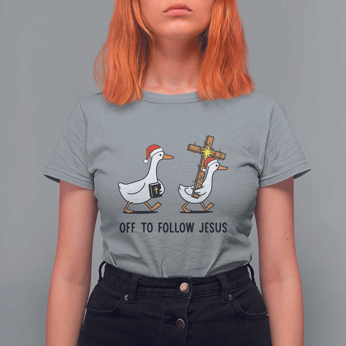 Christian Christmas Goose T Shirt For Women Off To Follow Jesus - Wonder Print Shop