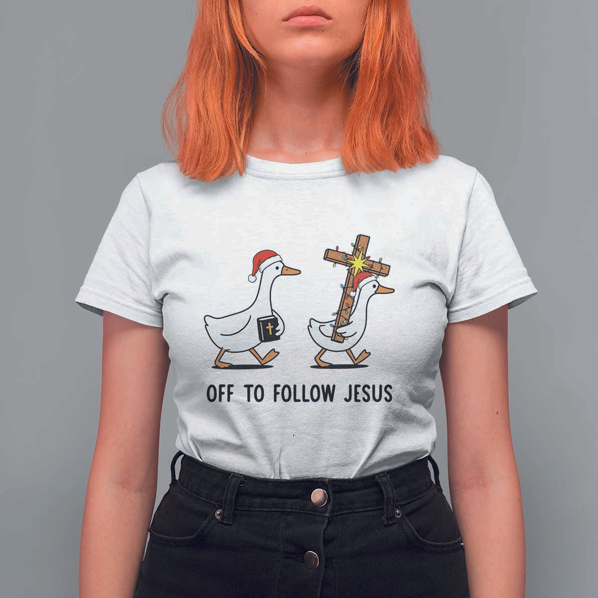 Christian Christmas Goose T Shirt For Women Off To Follow Jesus - Wonder Print Shop