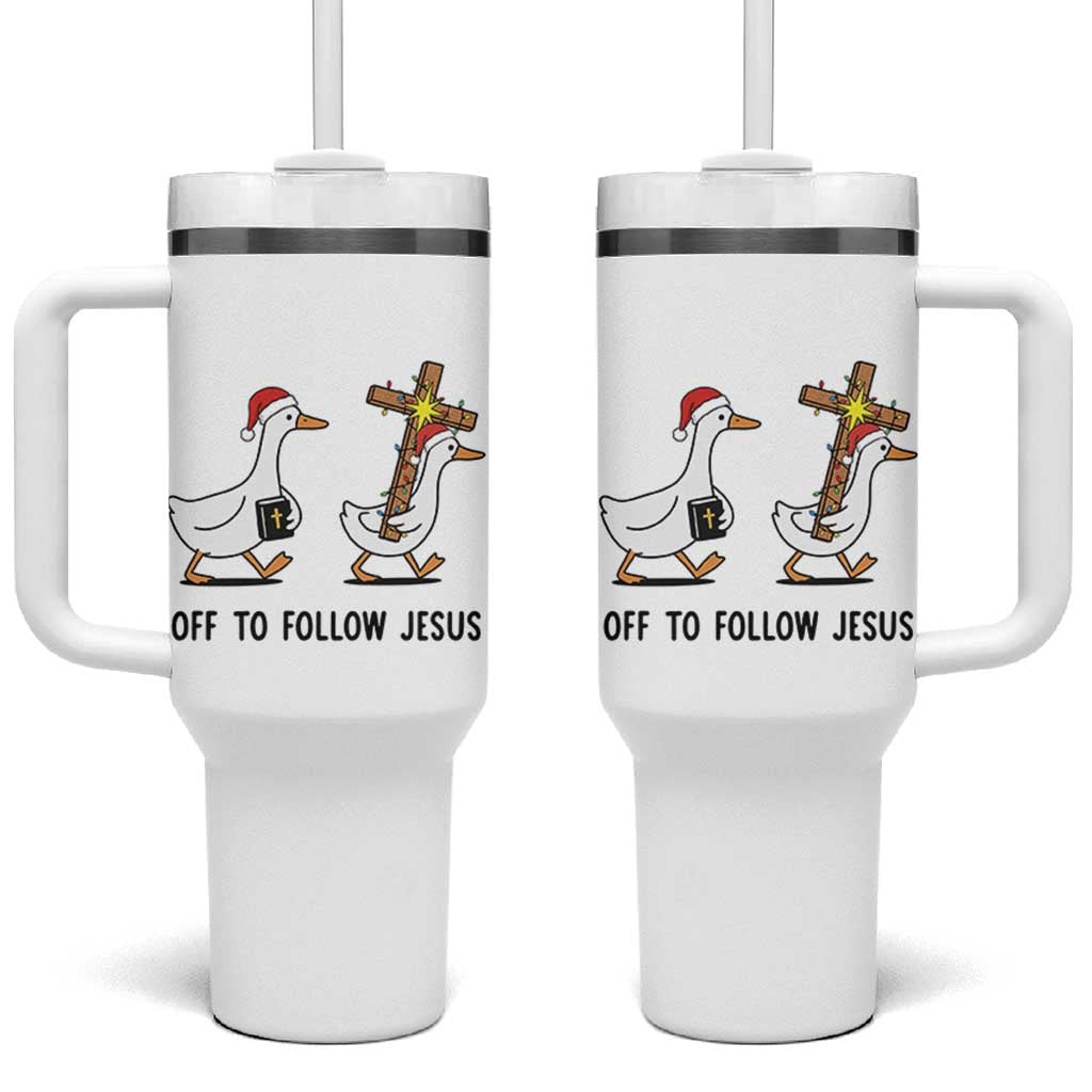 Christian Christmas Goose Tumbler With Handle Off To Follow Jesus - Wonder Print Shop